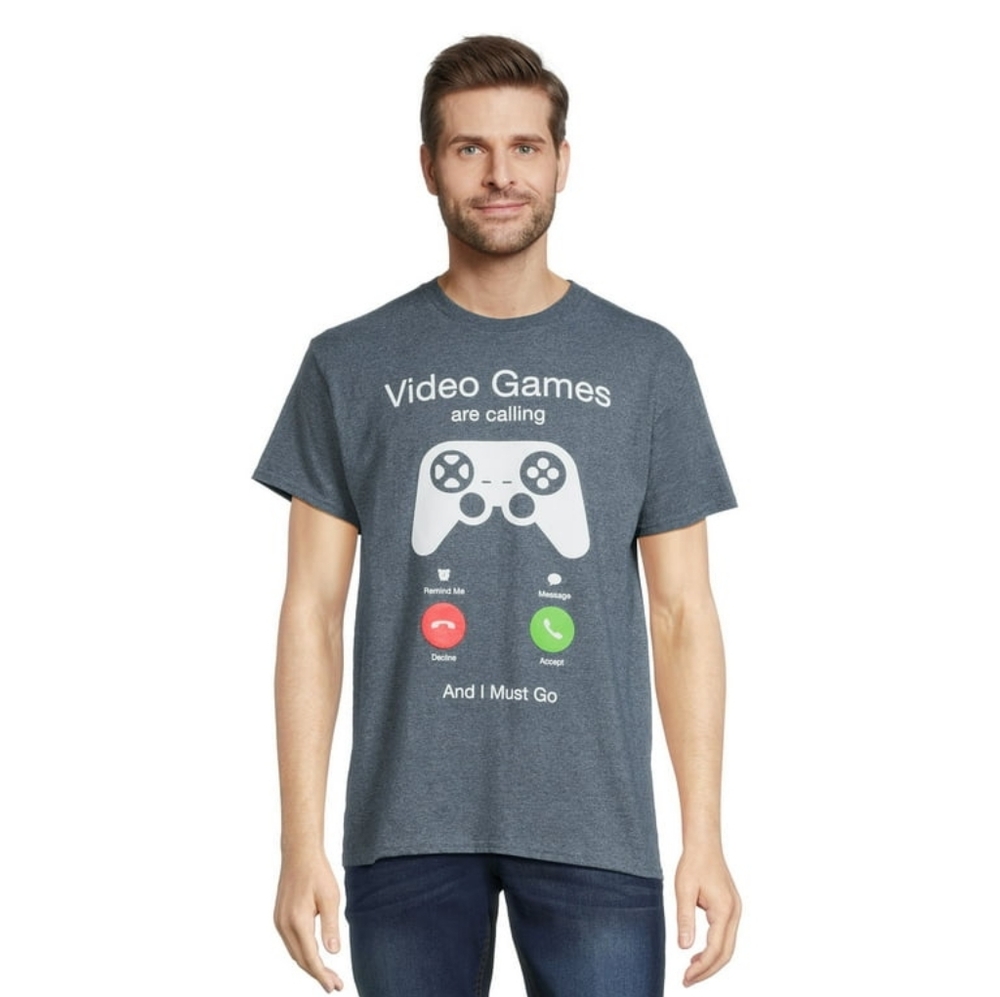 'Video games are calling and I must go' gray short sleeve graphic tee Med.